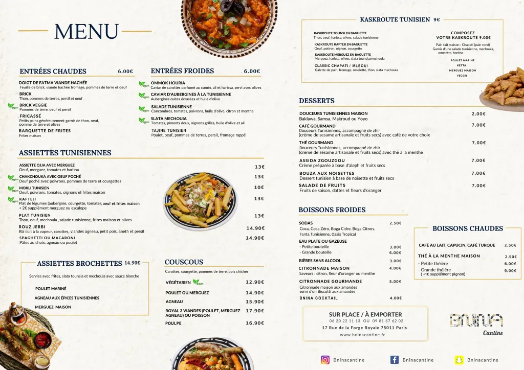 Bnina Cantine Menu price