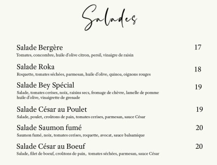 Bey Steakhouse Menu Salades Prix 2024