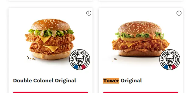 KFC Burgers à la carte Menu