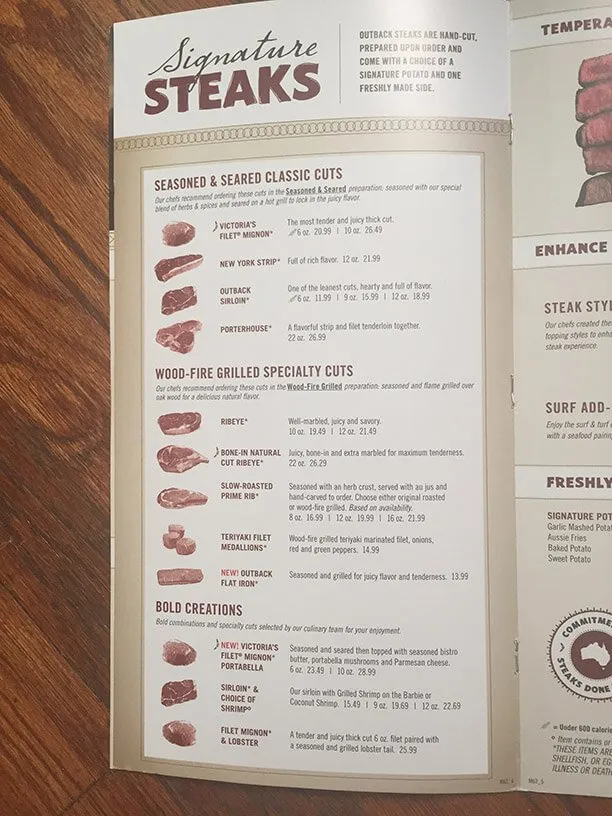 Steakhouse menu prix
