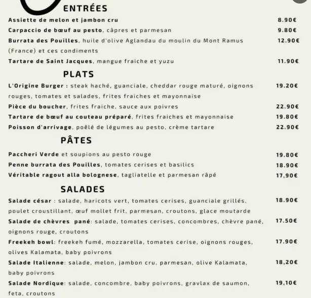 A l’Origine Entrées Carte