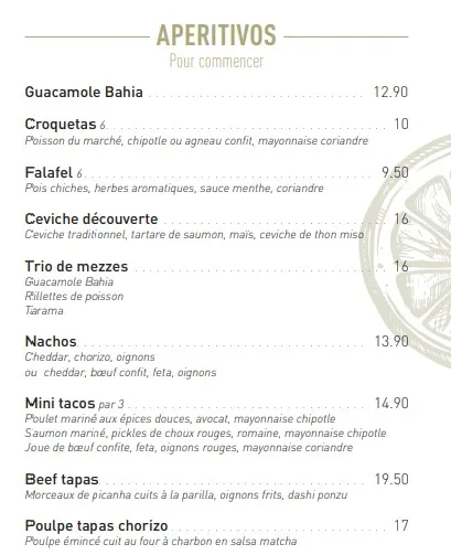 BAHIA TIKKA APERITIVOS Prix des Menu