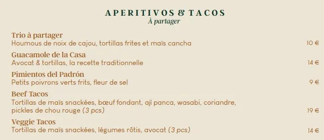 Andia Marseille APERITIVOS & TACOS Carte & Prix