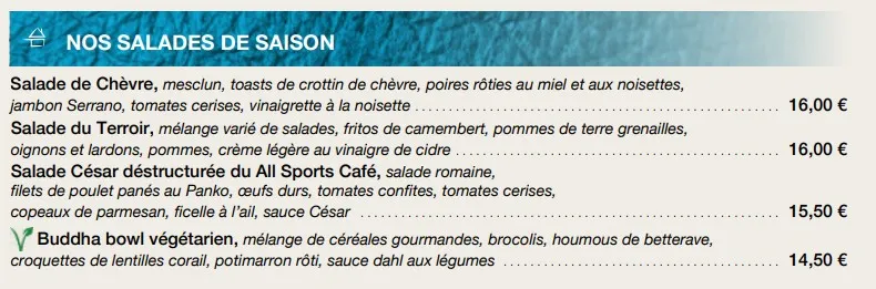 All Sports Café Rouen Menu Entrées prix