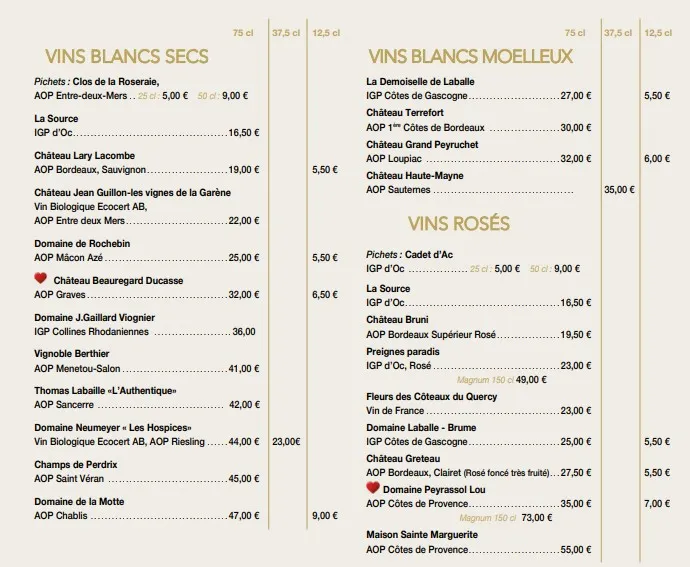 All Sports Café Rouen vins BLANCS SECS