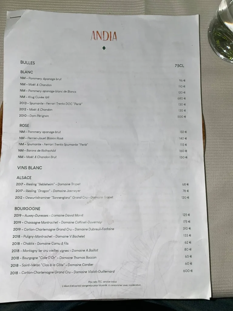 Andia Marseille Menu Prix