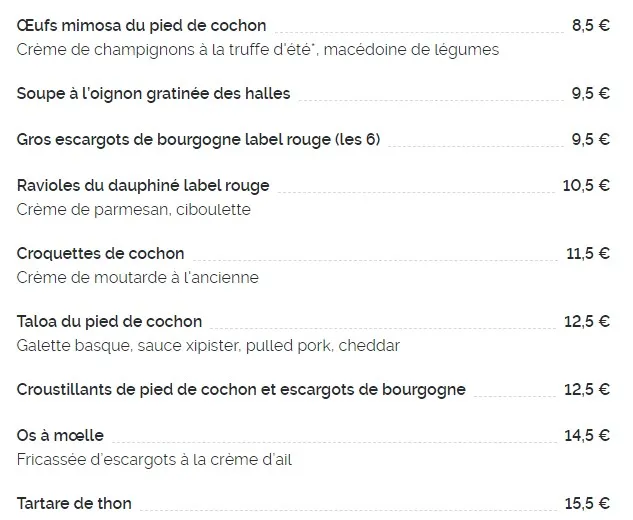 Au Pied de Cochon Entrées Menu Carte