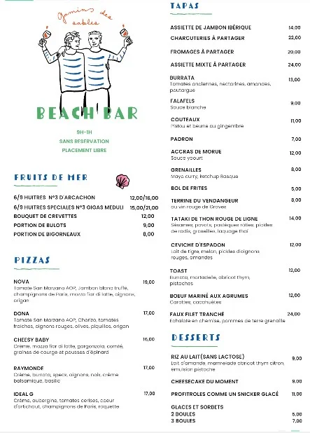 Gamins des Sables Beach Bar Menu Carte