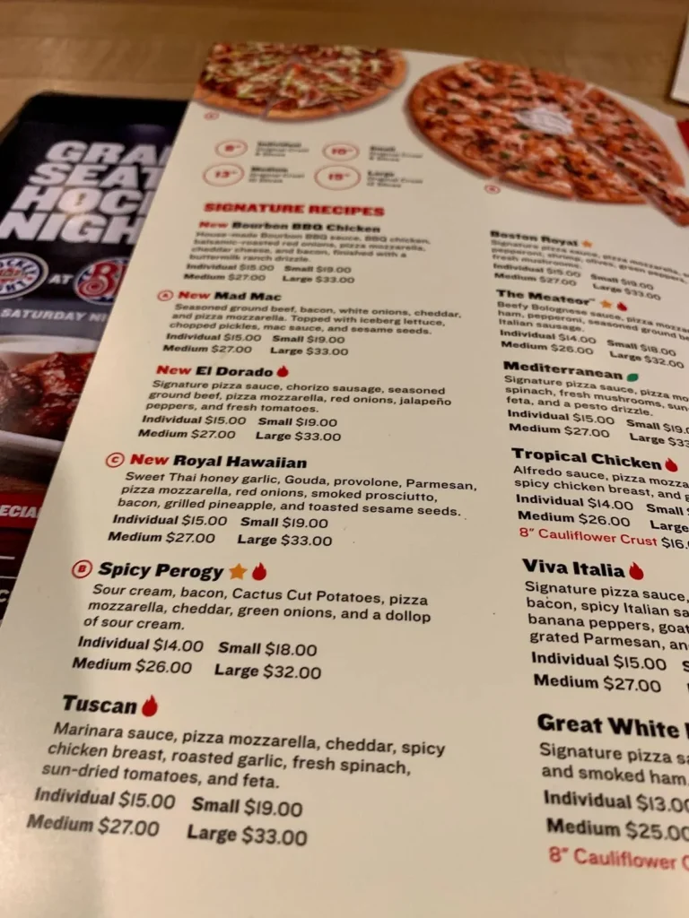 Boston Pizza Menu prix