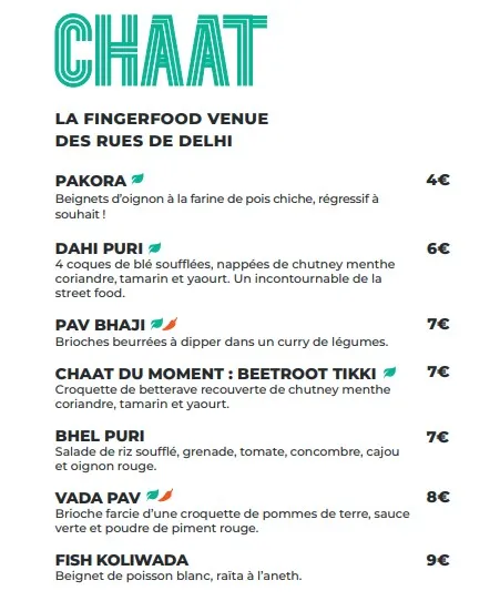 Delhi Bazaar CHAAT Prix des Menu