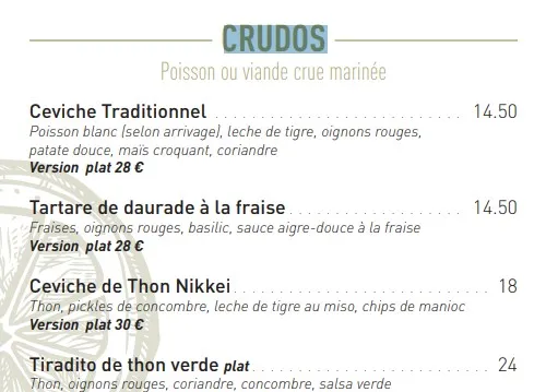 BAHIA TIKKA CRUDOS Carte & Prix