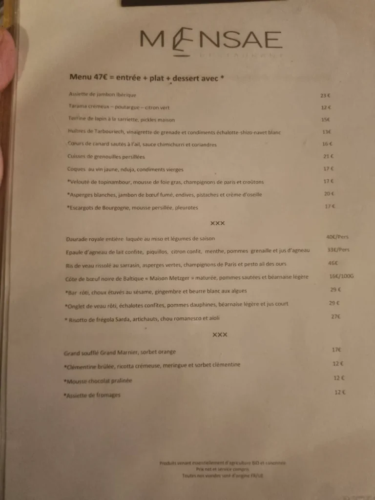 Café Mensae Menu Prix