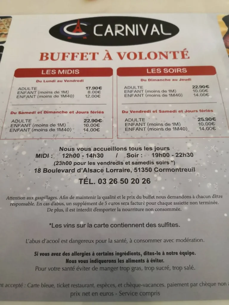 Carnival Cormontreuil Menu Prix