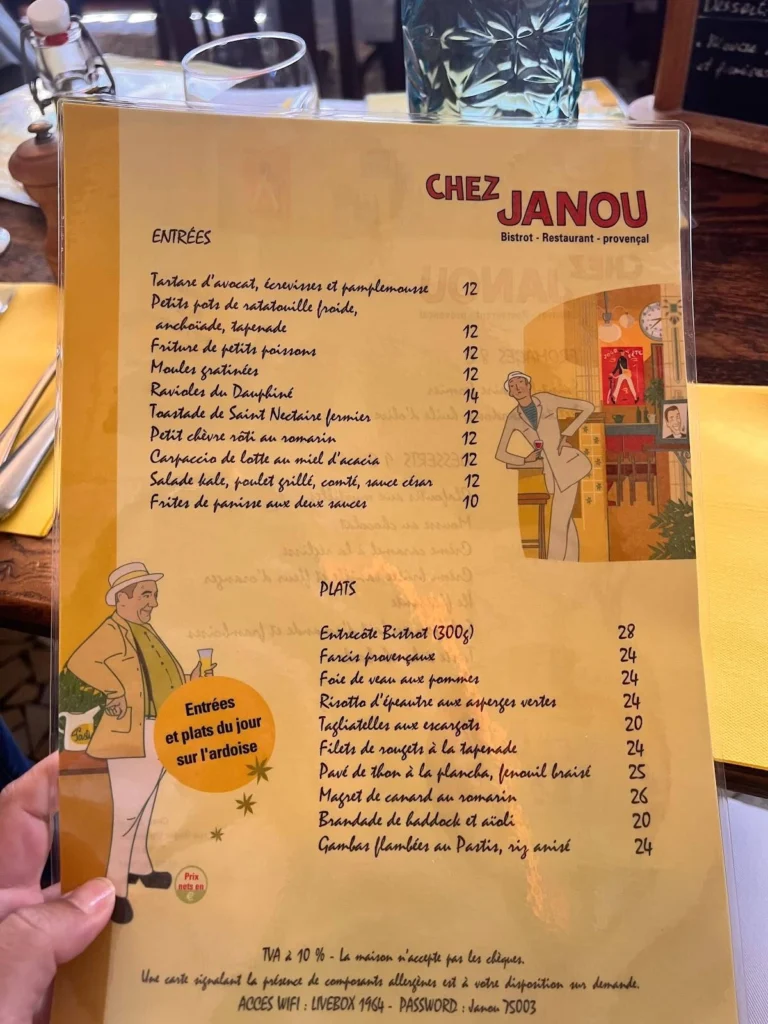 Chez Janou Menu Prix