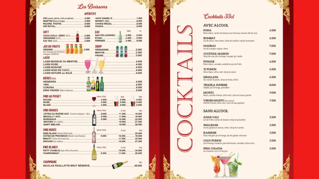 le Maharaja Cocktails – Sans Alcool Prix des Menu