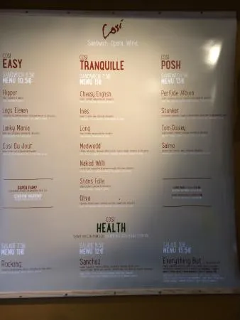 Cosi Menu prix 