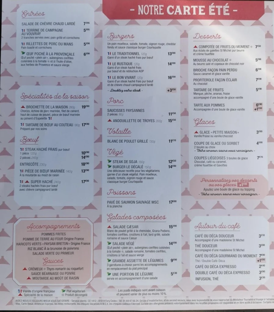 Courtepaille Menu Prix