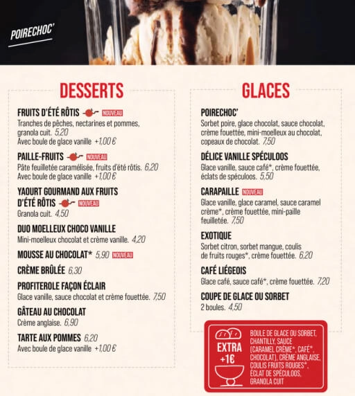 Courtepaille DESSERTS & GLACES Menu et Prix