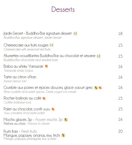 Buddha-Bar Desserts Prix des Menu