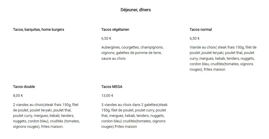 Taki Tacos Déjeuner, dîners Carte & Prix