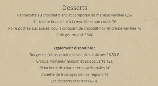 A l’Observatoire Desserts Prix & Menu