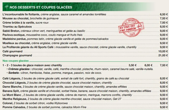 All Sports Café Rouen Desserts et Coupes Glacées