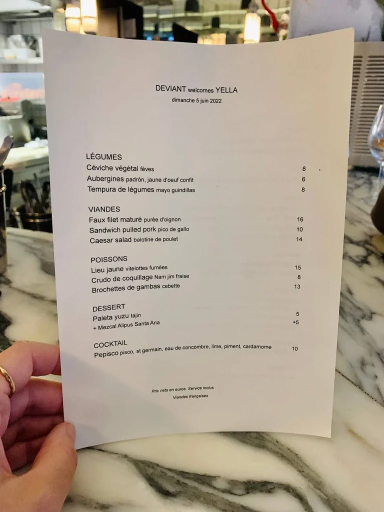 Déviant Paris Menu Prix