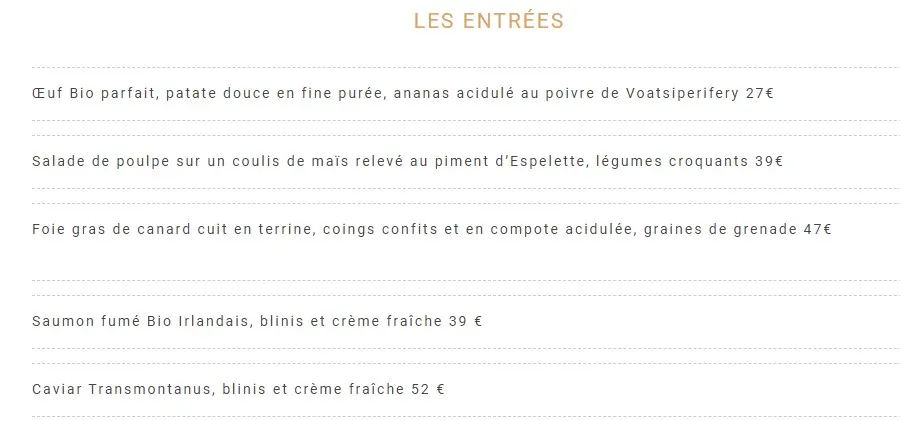 Le Grand Véfour ENTRÉES Carte & Prix