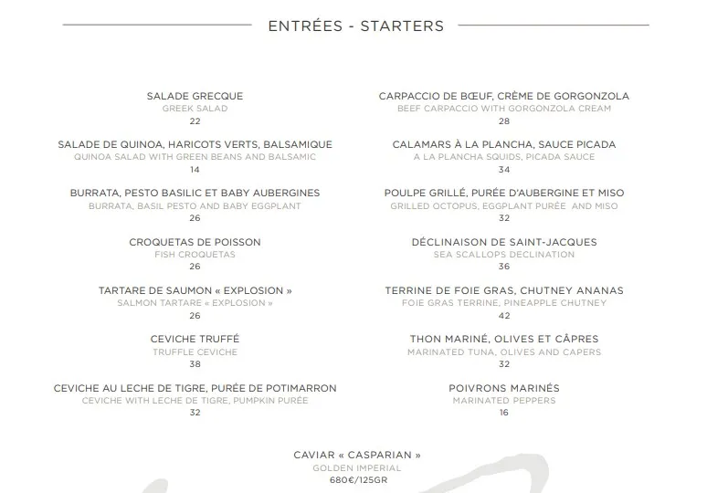 Victoria Paris ENTRÉES – STARTERS Carte