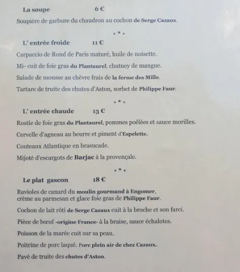 Auberge d’Antan Entrées Prix des Menu