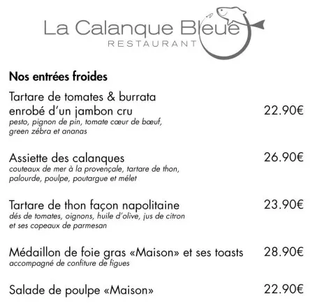 La Calanque Bleue Entrées froides Carte