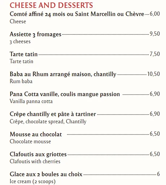 FROMAGE & DESSERTS Prix