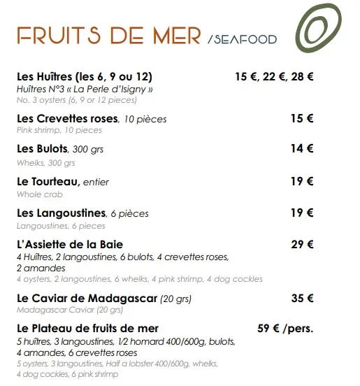 La Réserve Péché Iodé FRUITS DE MER SEAFOOD Menu