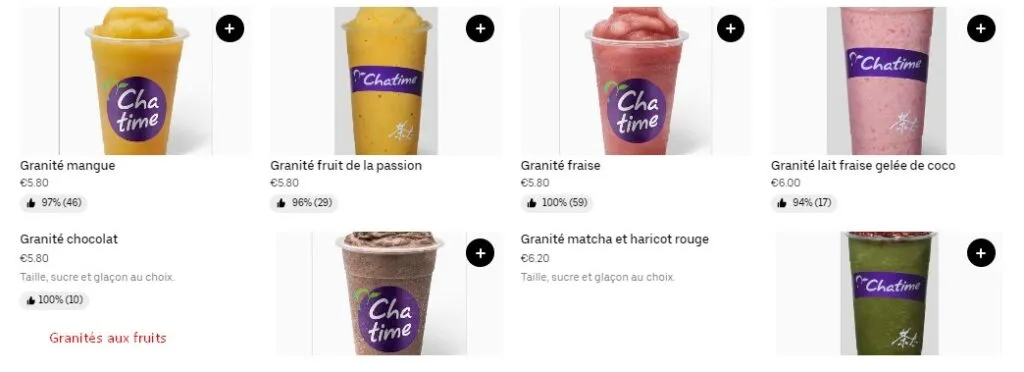 Granités aux fruits Menu