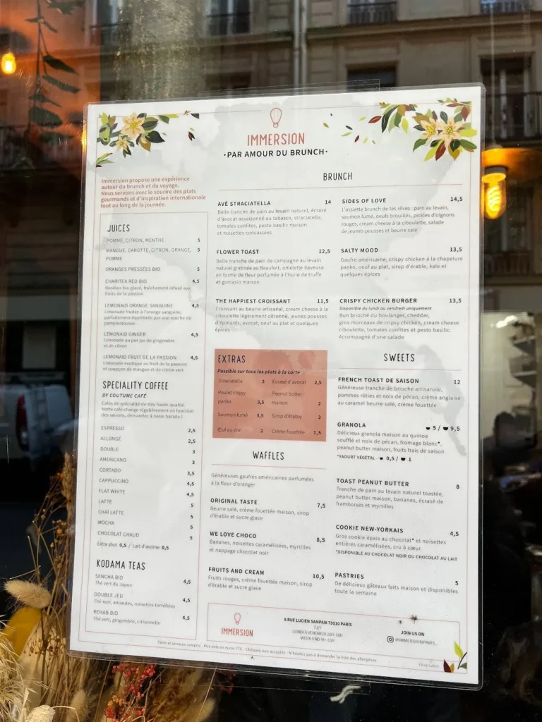 Immersion Vendôme Menu Prix