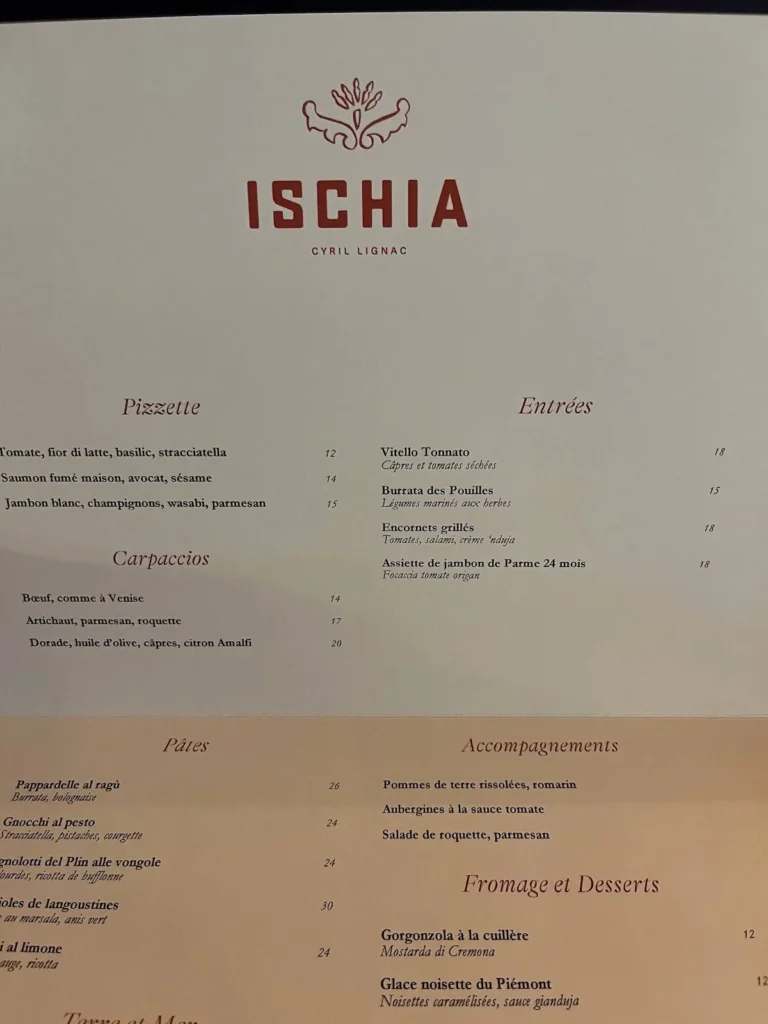 Ischia Cyril Lignac menu prix