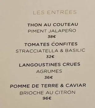 Monsieur Dior LES ENTREES Carte & Prix