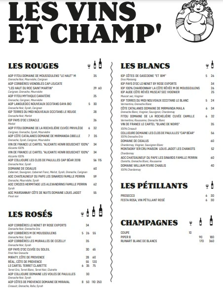 Ginette Plage LES VINS ET CHAMP Prix des Menu