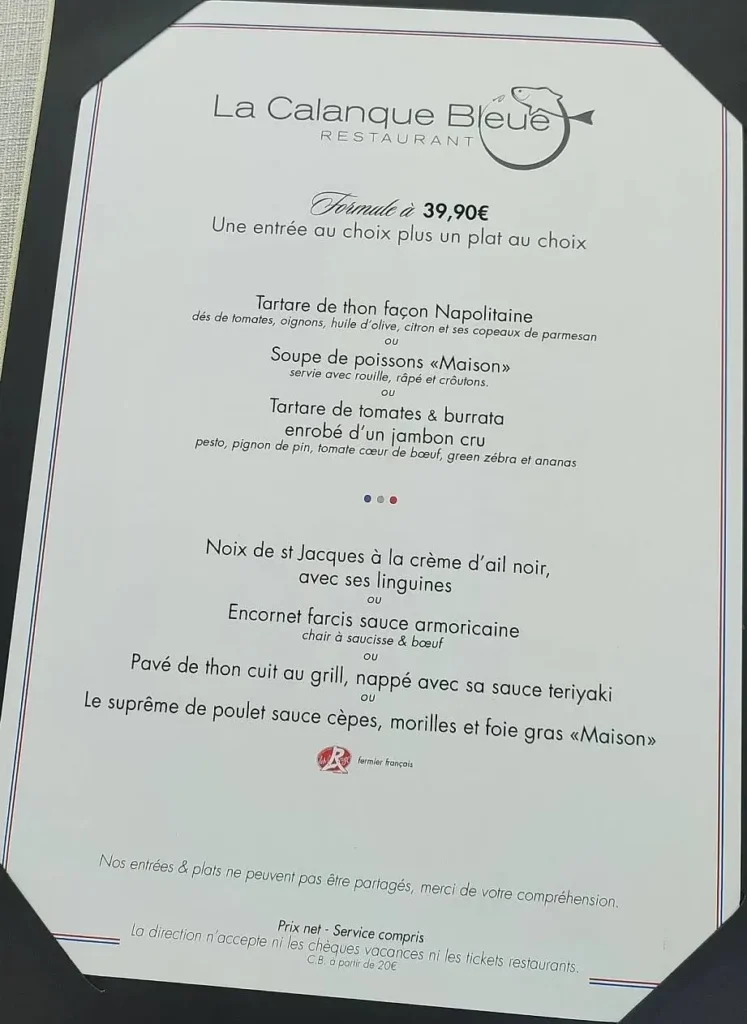 La Calanque Bleue Menu Prix