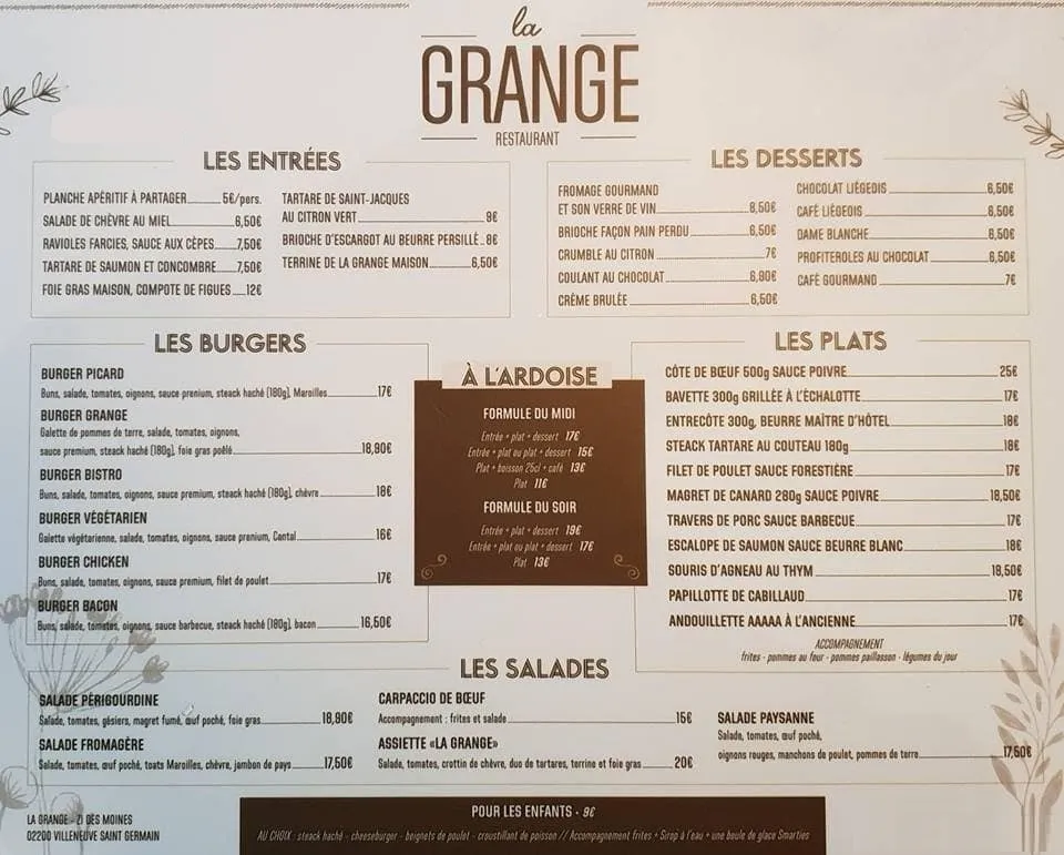 La Grange Menu Prix