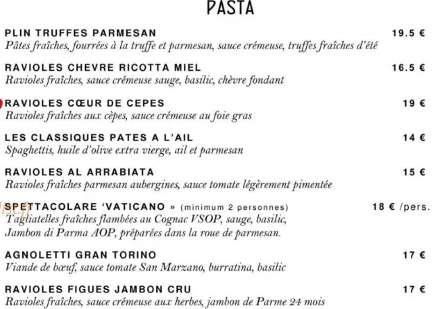 La Table Du Vatican PASTA Prix