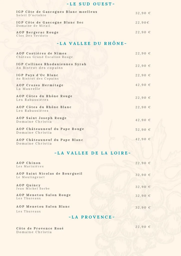 Le Bouchon d’Adèle BOISSONS CARTE prix