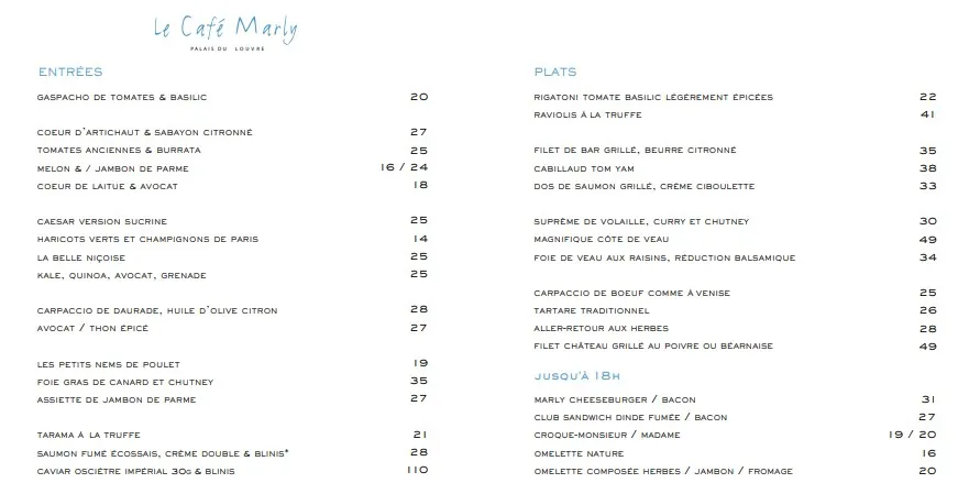 Café Marly Menu Et Tarifs Actualisés France Carte 2024 - Menu Prix