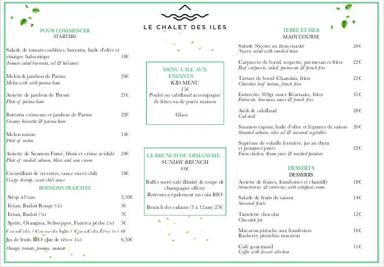 Le Chalet des Îles Menu Prix