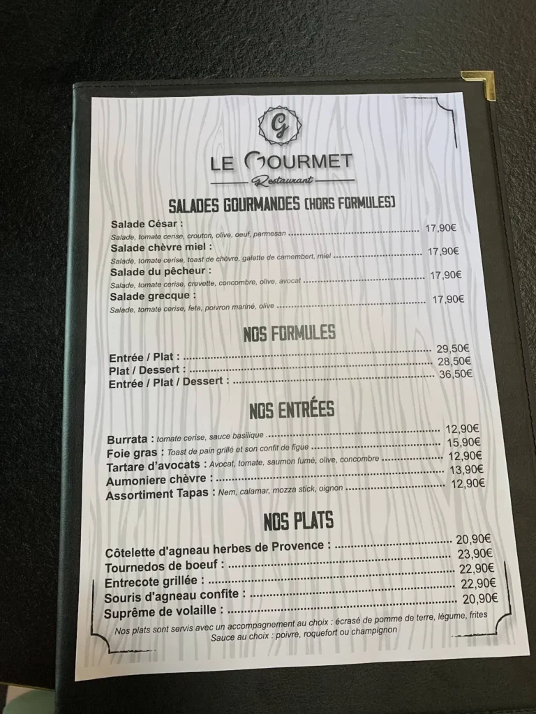 Le Gourmet Menu Prix