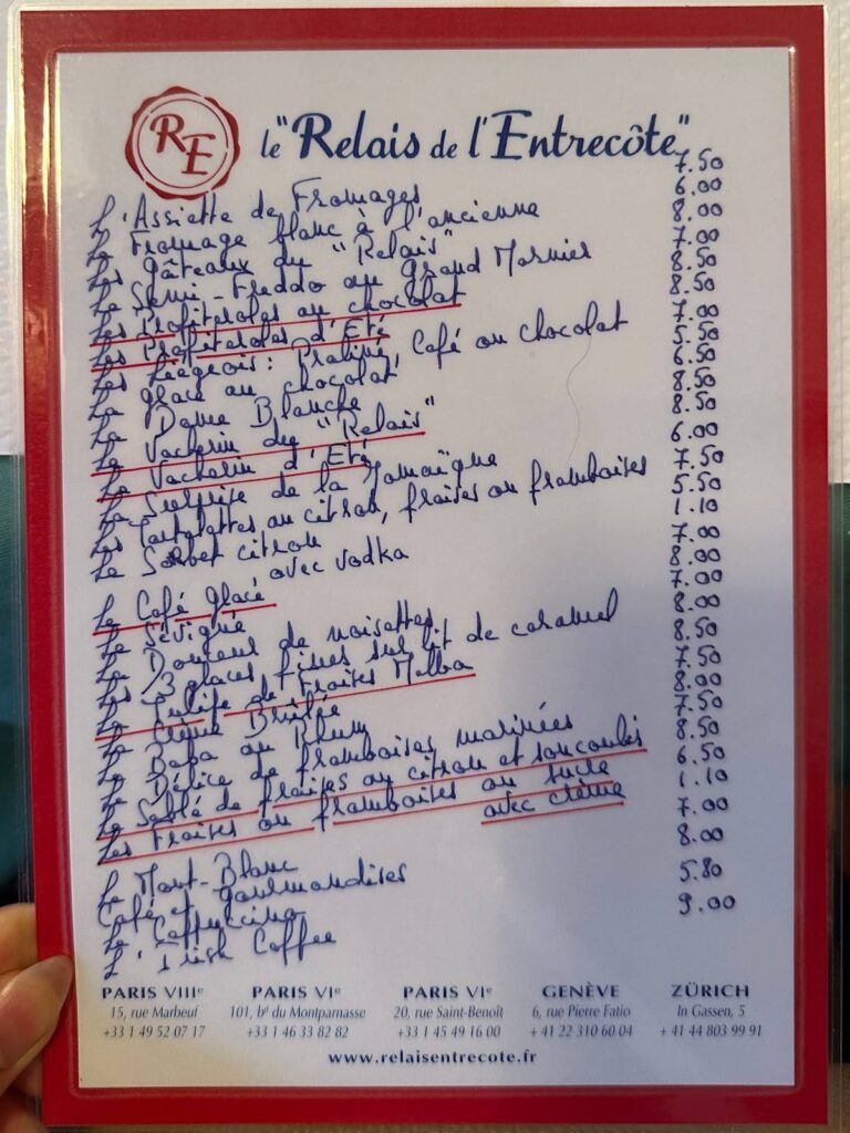 Le Relais de L’Entrecote Menu Prix