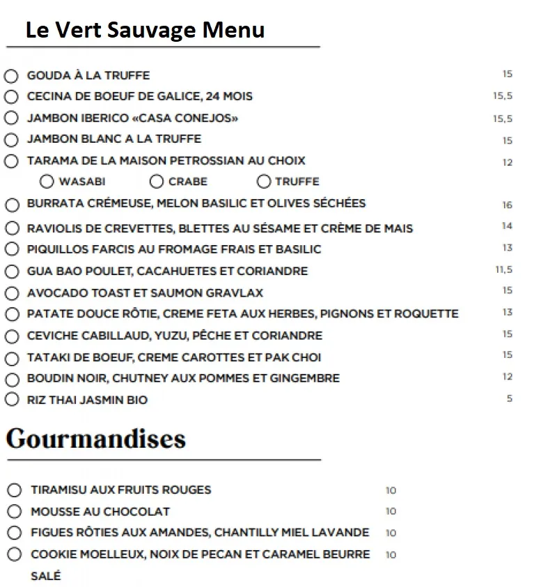 Le Vert Sauvage Menu Prix