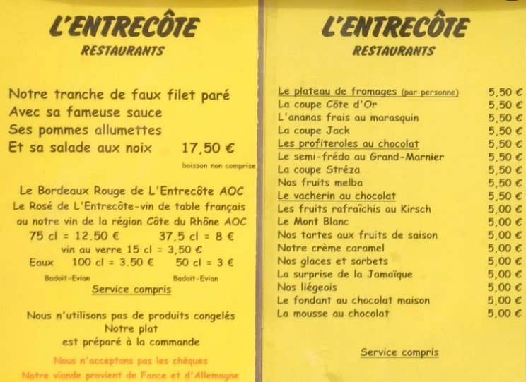 L’entrecôte Bordeaux Menu Prix