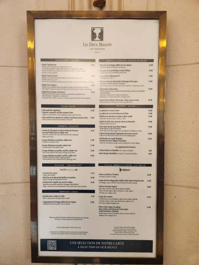 Les Deux Magots Menu Et Tarifs Actualisés France Carte 2024 - Menu Prix