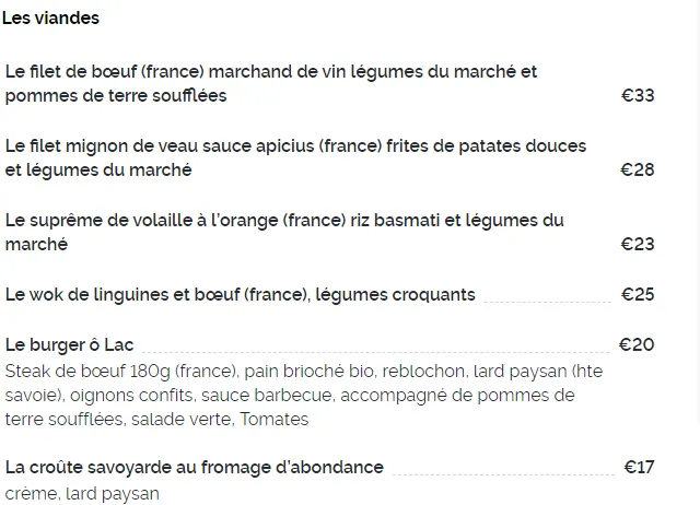 Le Panorama Les Viandes Menu & Prix